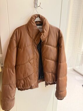 ZARA Cognac Tan Faux-Leather Puffer Jacket - Women